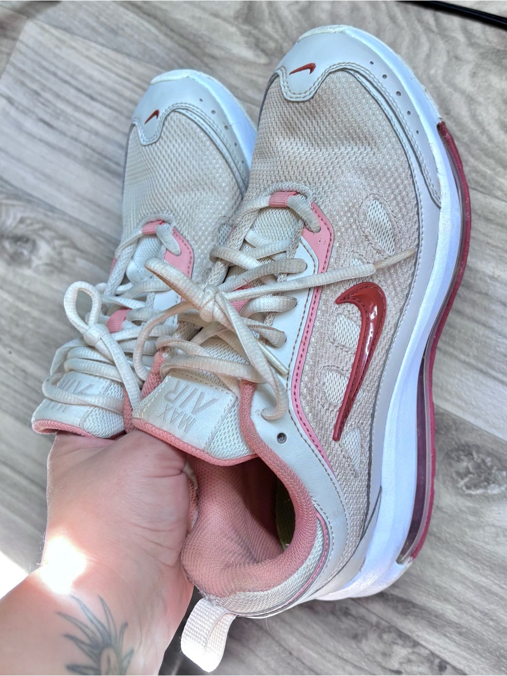 Nike Women's Running Shoes in Cream and Pink with Red Swoosh
